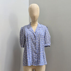 Lloyd William Vintage Blue and White Abstract Pleated Blouse - Size 8